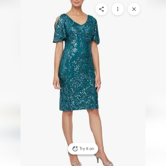 Alex Evenings Dresses & Skirts - Alex Evenings V Neckline Sheath Dress with Cold-Shoulder Sleeves- Peacock